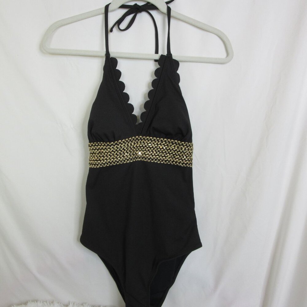 Cupshe One Piece Swimsuit Black Gold Halter Beach Resort Size Small NWT